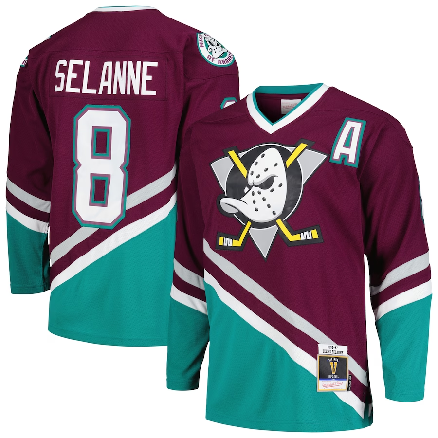 Men's Anaheim Ducks Teemu Selanne Mitchell #8 Ness Purple 1996/97 Alternate Captain Patch Blue Line Player jersey