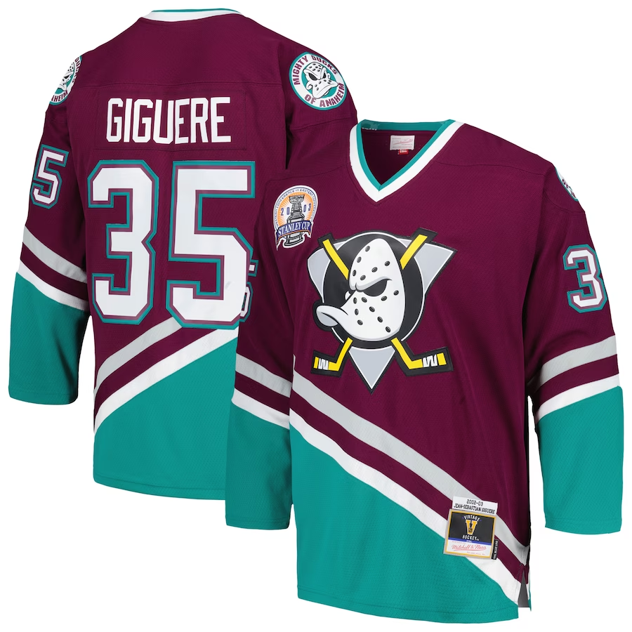 Men's Anaheim Ducks Jean-Sebastien Giguere Mitchell #35 Ness Purple 2002/03 Blue Line Player jersey