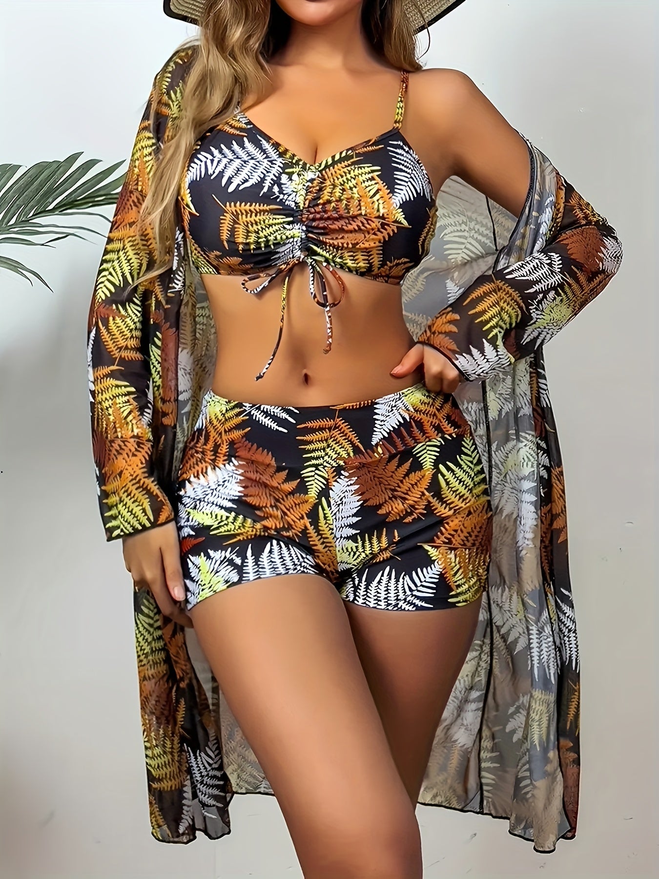 New Women's Three Piece Suit with Black And White Color Blocking, Sunset Maple Leaf Print Mesh, Long Sleeved Beach Wear, Swimsuit