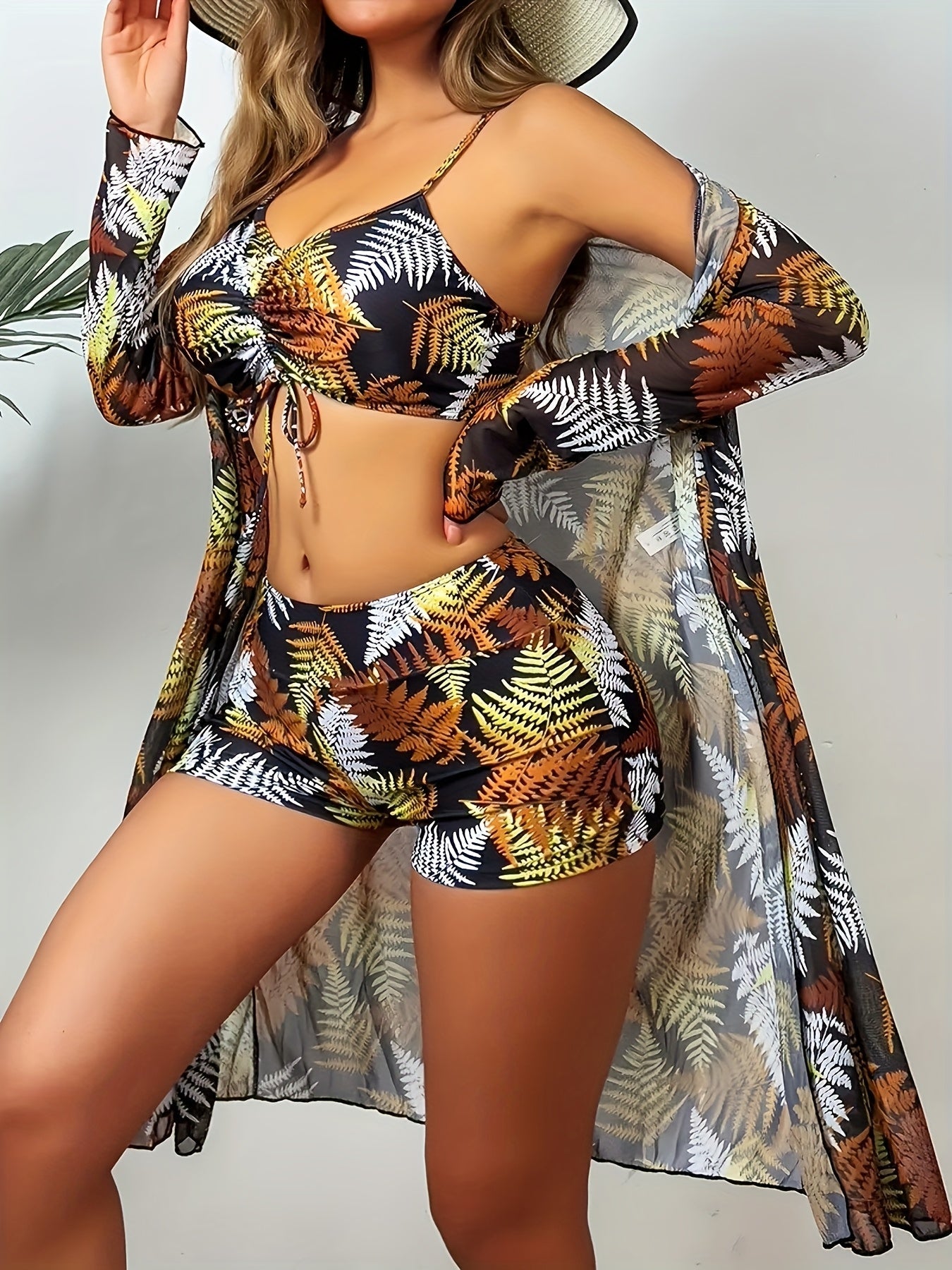 New Women's Three Piece Suit with Black And White Color Blocking, Sunset Maple Leaf Print Mesh, Long Sleeved Beach Wear, Swimsuit