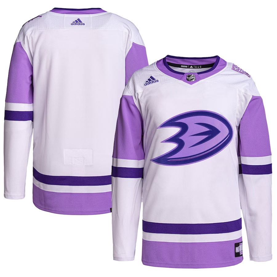 Men's Anaheim Ducks White/Purple Hockey Fights Cancer Primegreen Authentic Blank Practice jersey