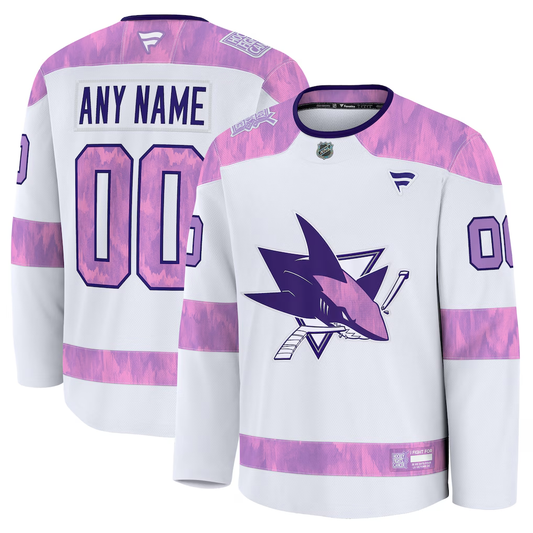 Men's San Jose Sharks Fanatics White Purple 2024 Hockey Fights Cancer Practice Custom Jersey