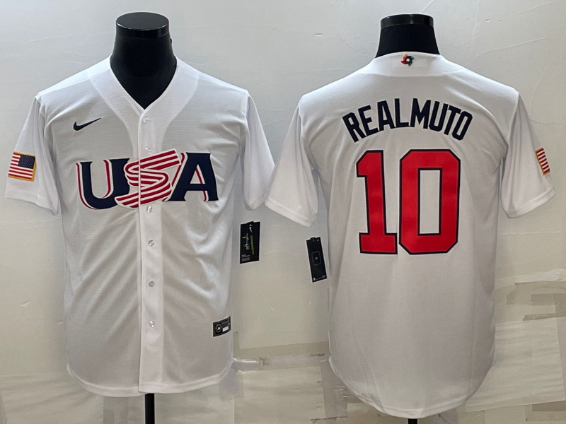 Men's 2023 World Baseball Classic #10 J. T. Realmuto USA White jersey
