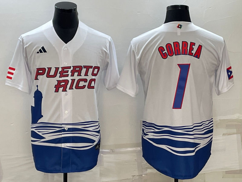 Men's 2023 World Baseball Classic #1 Carlos Correa Puerto Rico White jersey