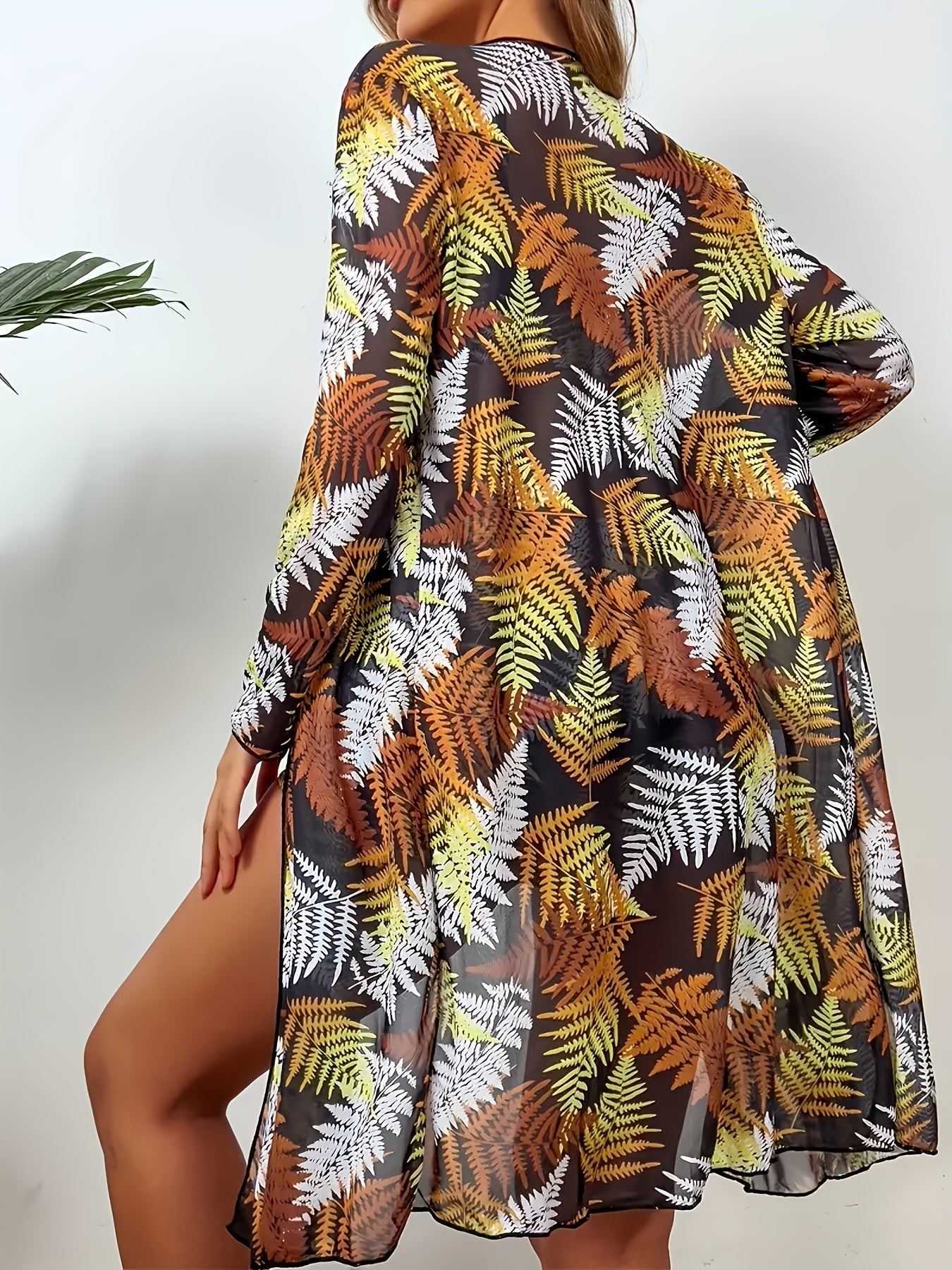 New Women's Three Piece Suit with Black And White Color Blocking, Sunset Maple Leaf Print Mesh, Long Sleeved Beach Wear, Swimsuit