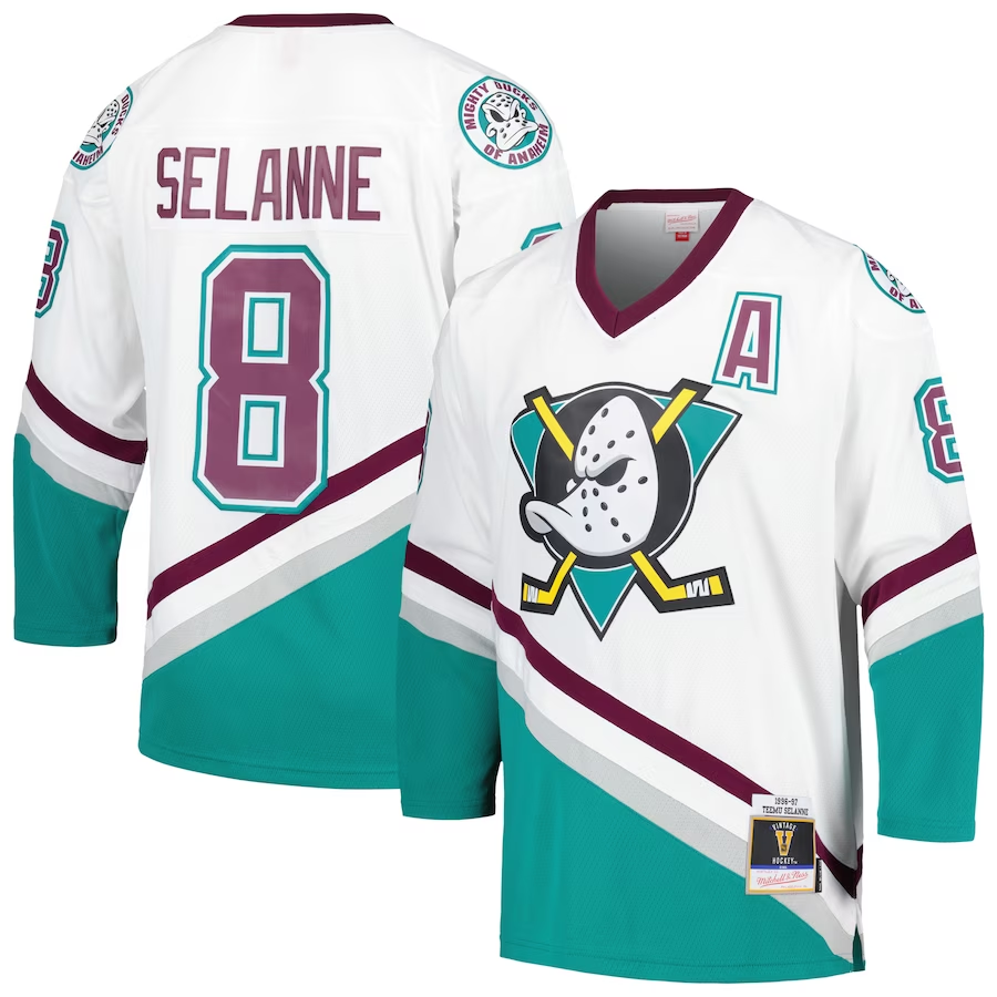 Men's Anaheim Ducks Teemu Selanne Mitchell #8 Ness White 1996/97 Blue Line Player jersey